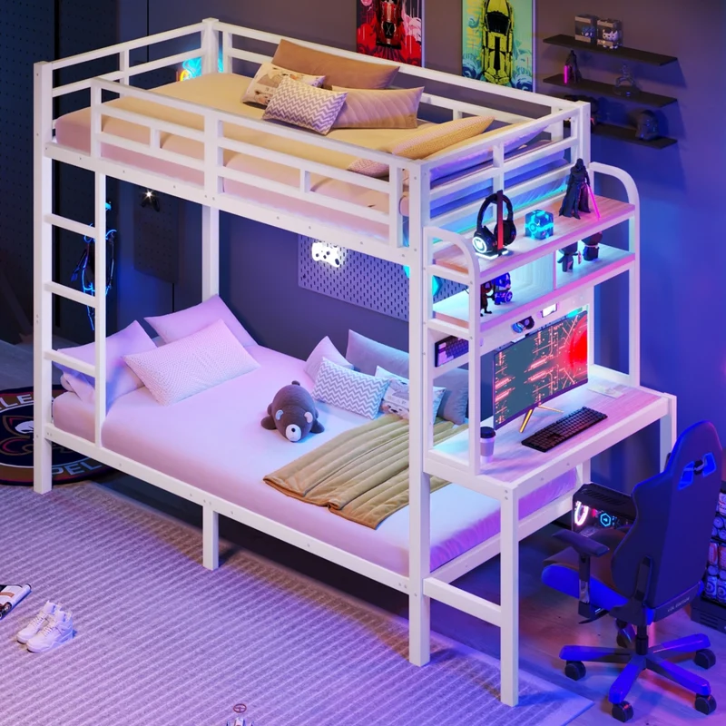 Letto a castello 90x200 cm con scrivania integrata; struttura in metallo e MDF; LED; USB e scaletta; bianco