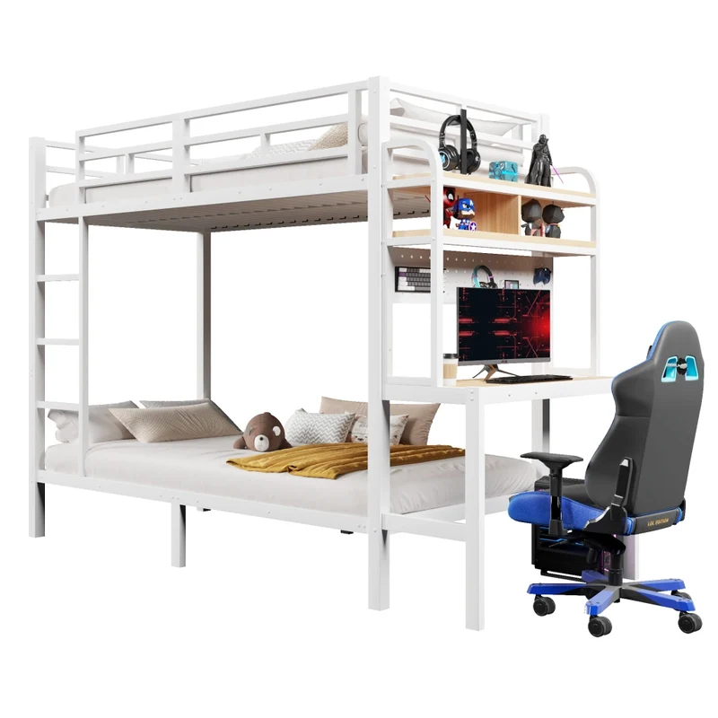 Letto a castello 90x200 cm con scrivania integrata; struttura in metallo e MDF; LED; USB e scaletta; bianco