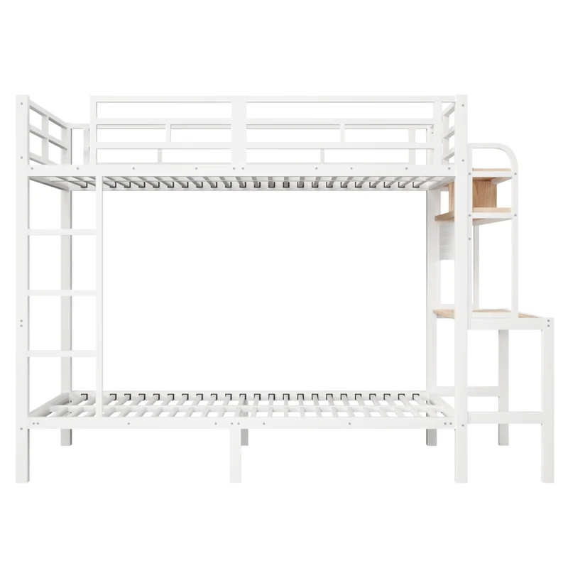 Letto a castello 90x200 cm con scrivania integrata; struttura in metallo e MDF; LED; USB e scaletta; bianco