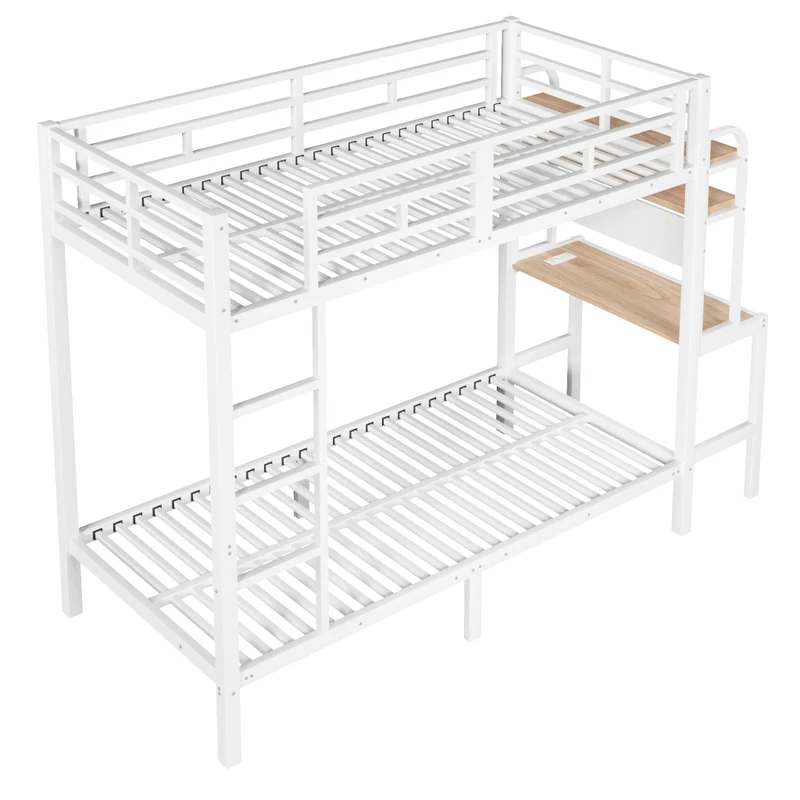 Letto a castello 90x200 cm con scrivania integrata; struttura in metallo e MDF; LED; USB e scaletta; bianco