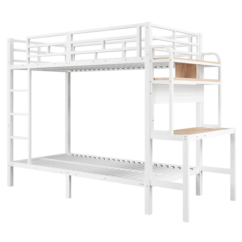 Letto a castello 90x200 cm con scrivania integrata; struttura in metallo e MDF; LED; USB e scaletta; bianco