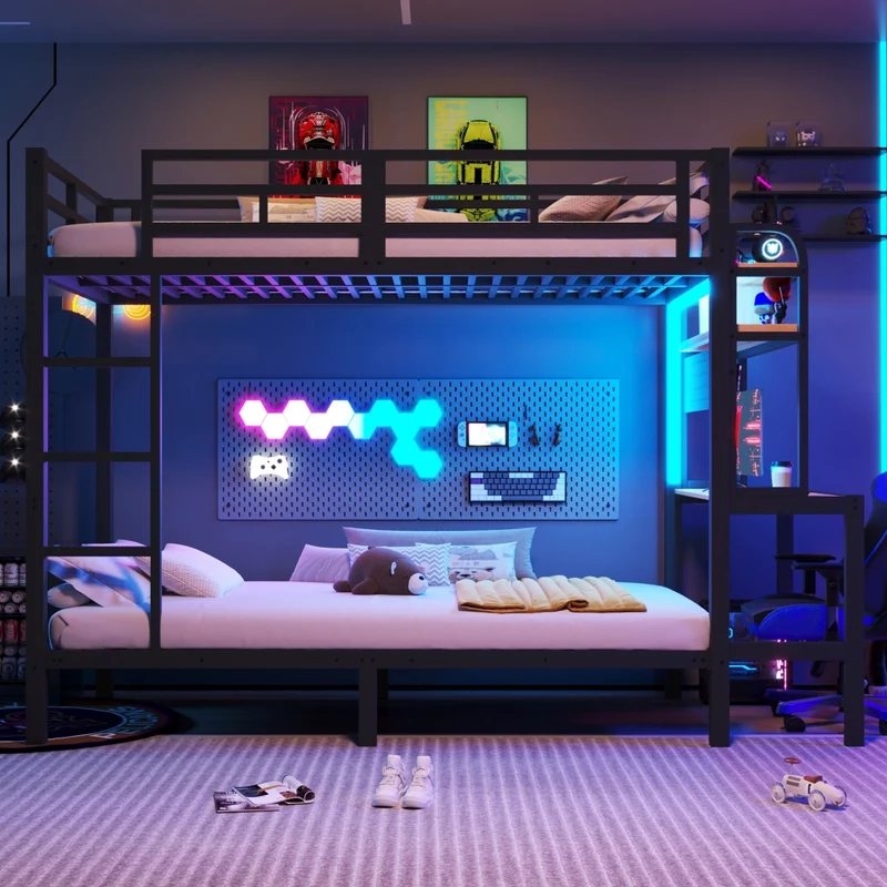 Letto a castello 90x200 cm con struttura in metallo; scrivania; LED e USB; nero