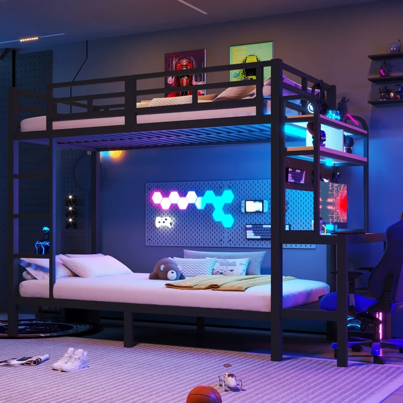 Letto a castello 90x200 cm con struttura in metallo; scrivania; LED e USB; nero