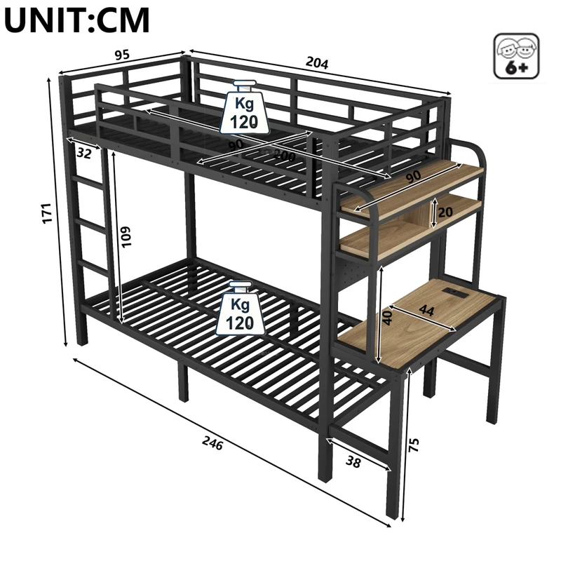 Letto a castello 90x200 cm con struttura in metallo; scrivania; LED e USB; nero