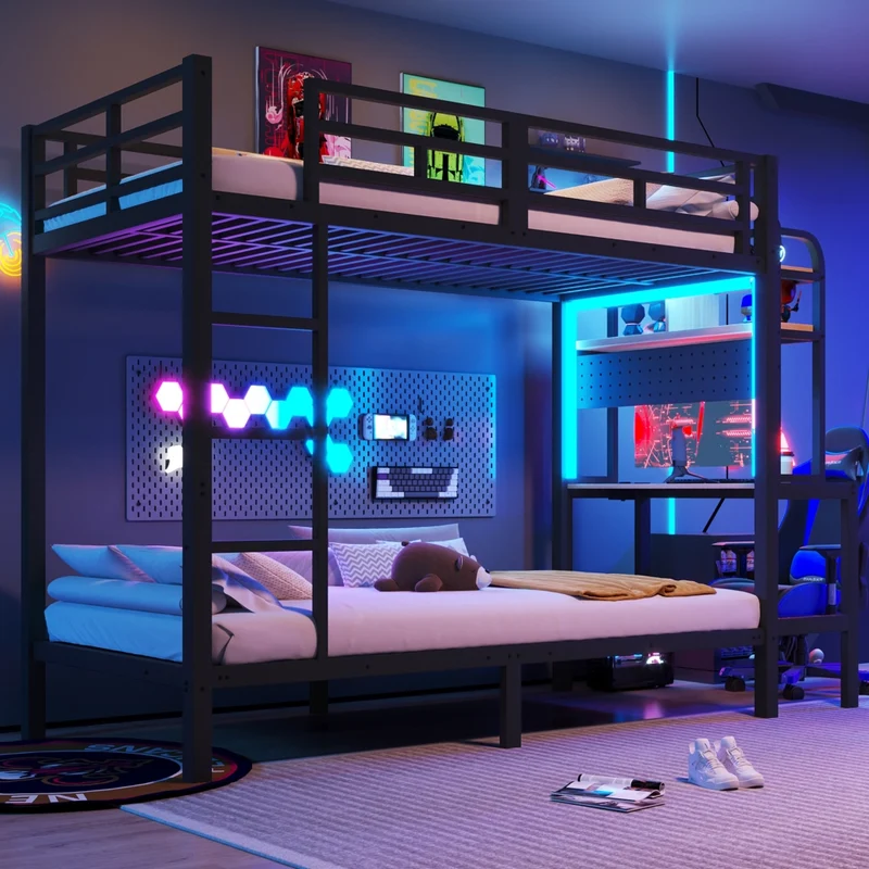 Letto a castello 90x200 cm con struttura in metallo; scrivania; LED e USB; nero