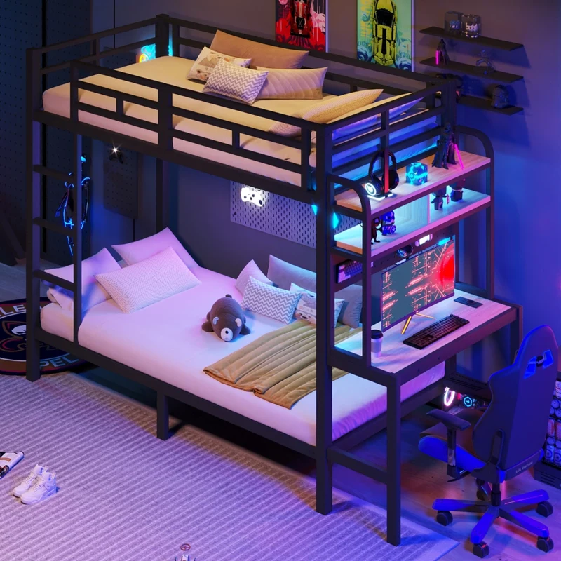 Letto a castello 90x200 cm con struttura in metallo; scrivania; LED e USB; nero