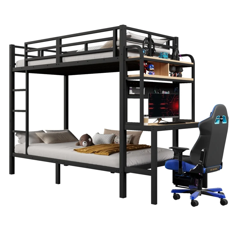 Letto a castello 90x200 cm con struttura in metallo; scrivania; LED e USB; nero