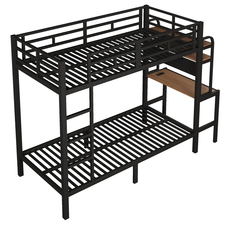 Letto a castello 90x200 cm con struttura in metallo; scrivania; LED e USB; nero