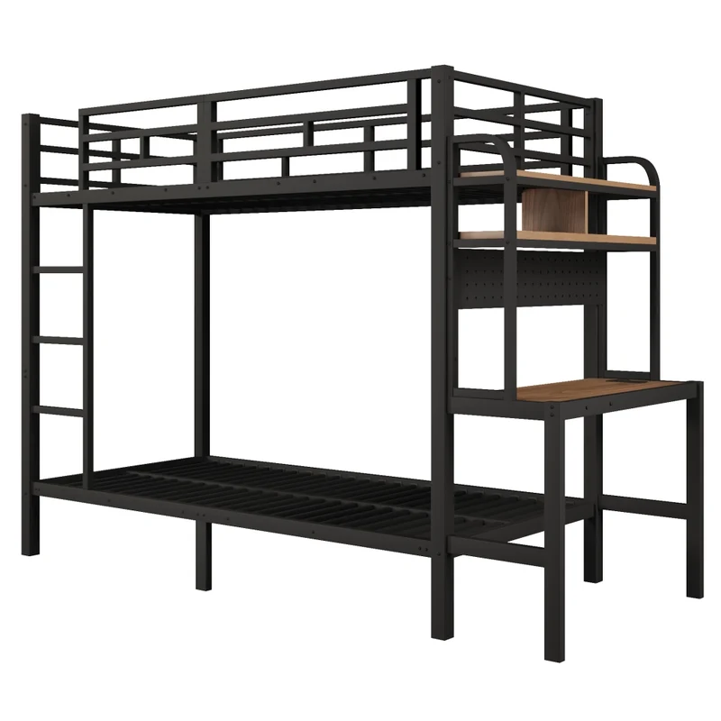Letto a castello 90x200 cm con struttura in metallo; scrivania; LED e USB; nero