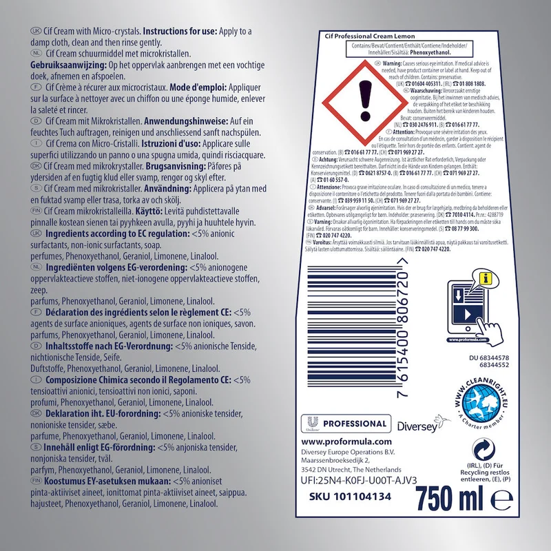 Detergente liquido per bagno e cucina Cif Crema Limone 8x0,75 L