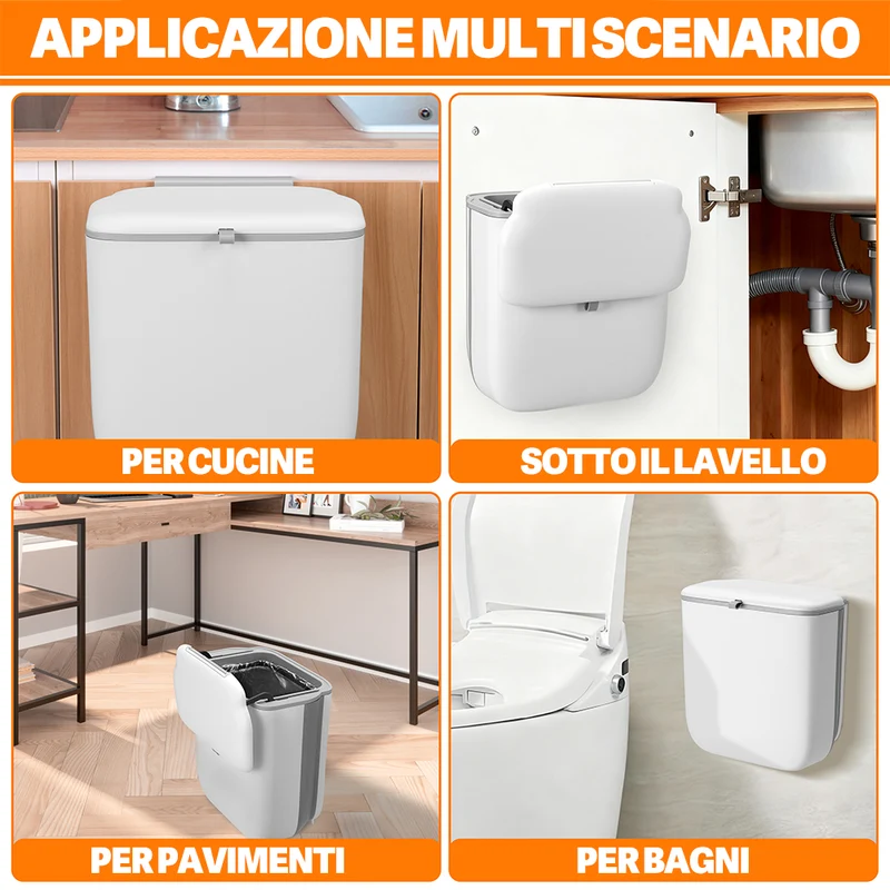 Pattumiera Cucina 10L da Appendere 28x8,5x29,5 cm Salvaspazio con Coperchio a Doppia Apertura in PP Bianco