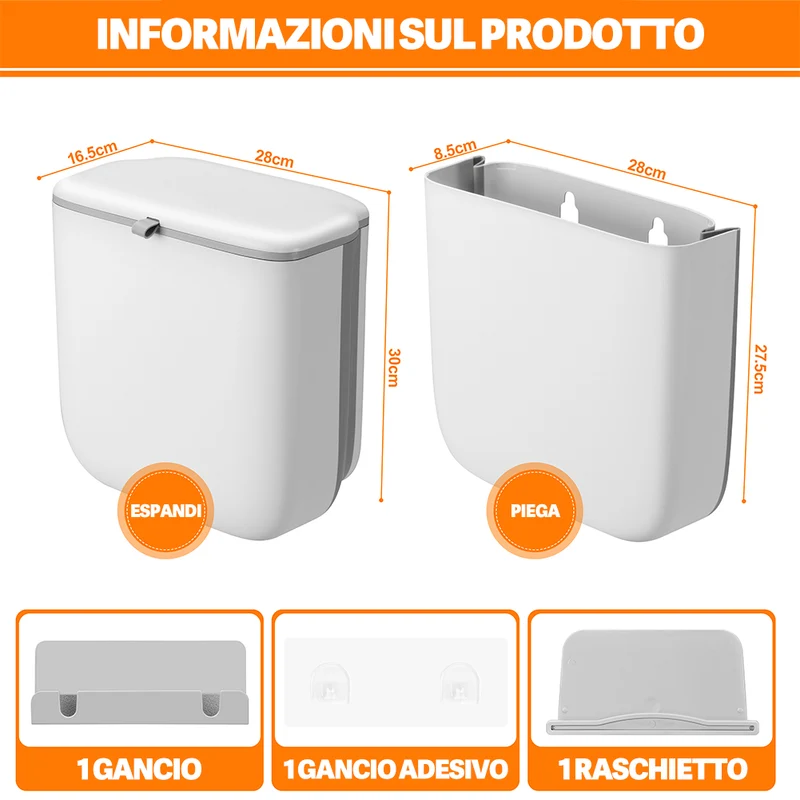 Pattumiera Cucina 10L da Appendere 28x8,5x29,5 cm Salvaspazio con Coperchio a Doppia Apertura in PP Bianco