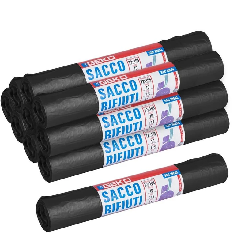 10 Rotoli Sacchetti Buste Spazzatura 115Lt 72x105 Chiusura Laccetto Nero 100pz