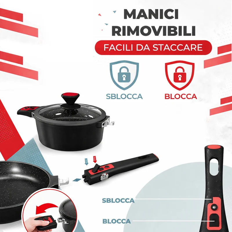 Set 24 Pezzi Batteria di Pentole Manici Removibili Rubino Suprem in Alluminio Pressofuso Nero