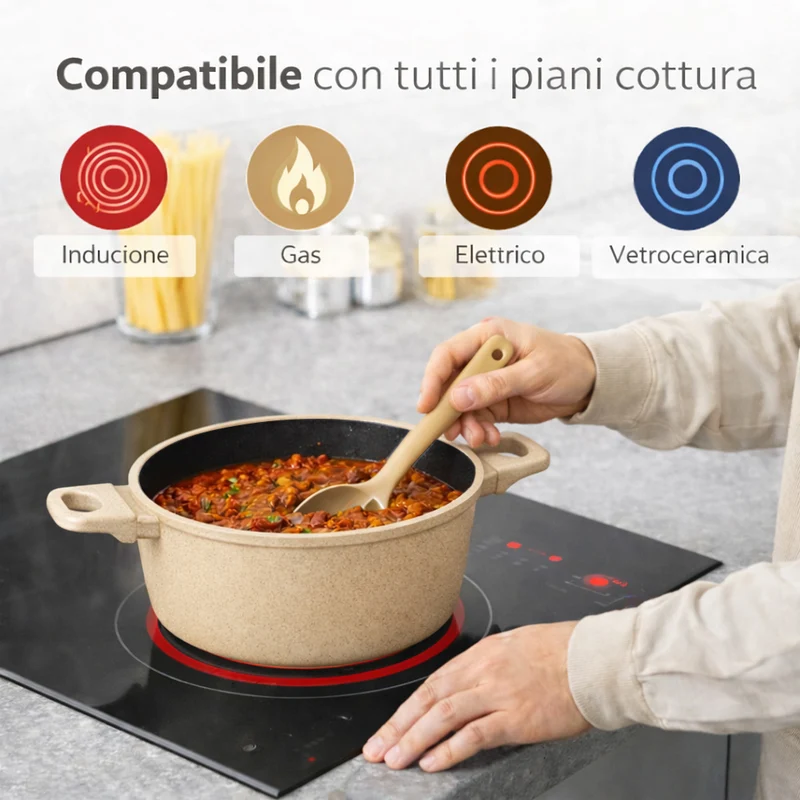 Set 11 Pezzi Batteria di Pentole Serena con 3 Mestoli in Alluminio Pressofuso Tortora