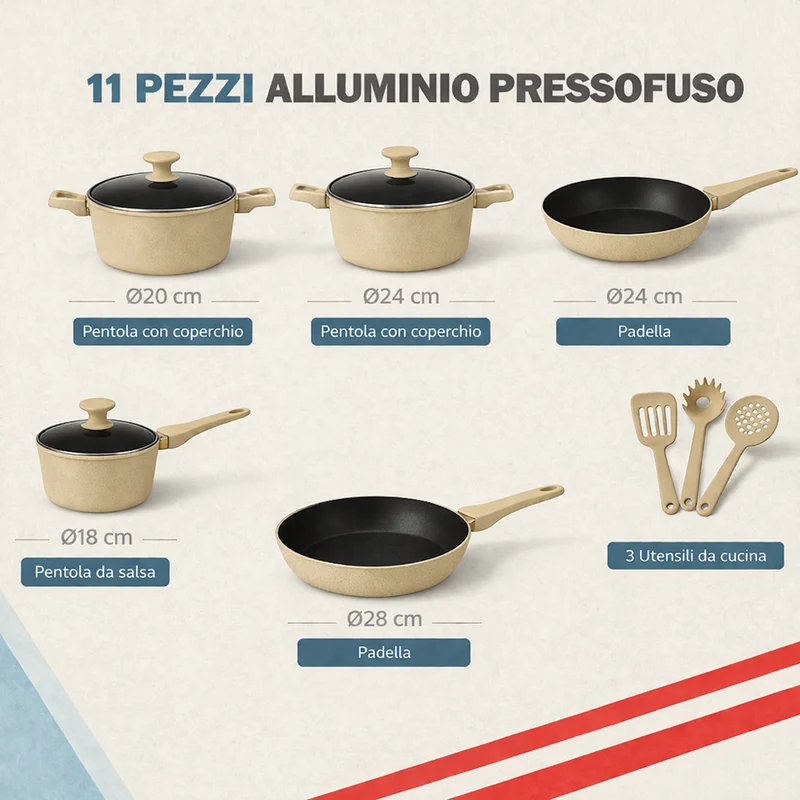 Set 11 Pezzi Batteria di Pentole Serena con 3 Mestoli in Alluminio Pressofuso Tortora