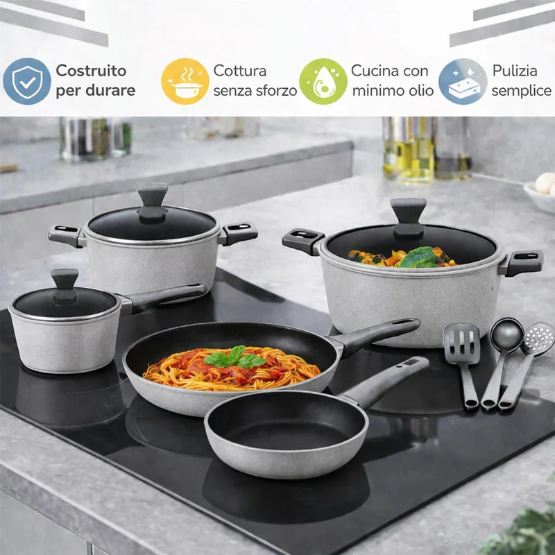 Set 11 Pezzi Batteria di Pentole Serena con 3 Mestoli in Alluminio Pressofuso Grigio