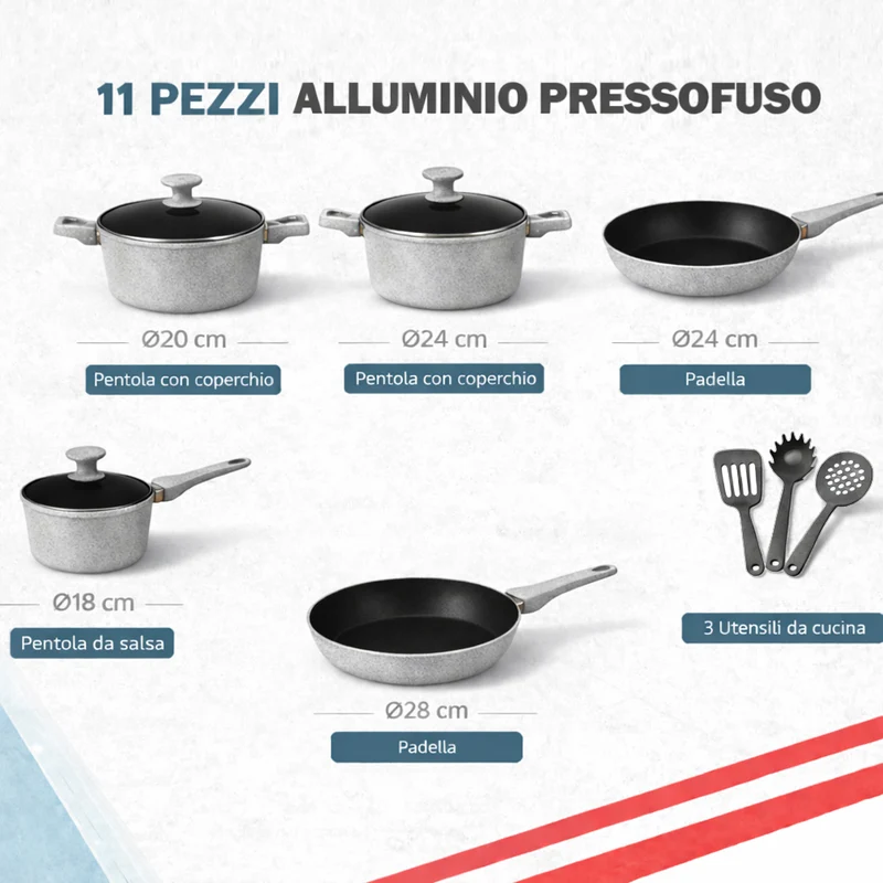 Set 11 Pezzi Batteria di Pentole Serena con 3 Mestoli in Alluminio Pressofuso Grigio