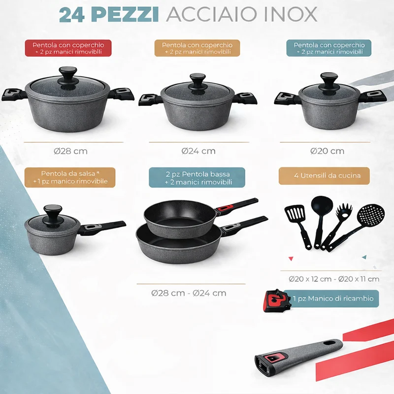 Set 24 Pezzi Batteria di Pentole Manici Removibili Rubino Suprem in Alluminio Pressofuso Grigio