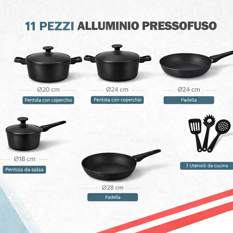 Set 11 Pezzi Batteria di Pentole Serena con 3 Mestoli in Alluminio Pressofuso Nero