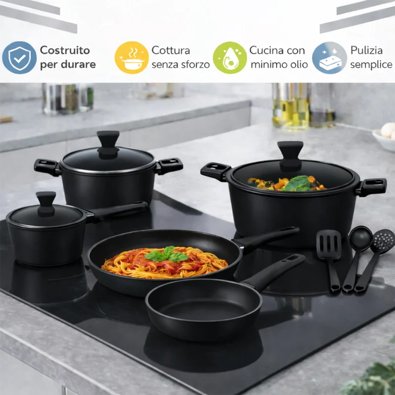 Set 11 Pezzi Batteria di Pentole Serena con 3 Mestoli in Alluminio Pressofuso Nero