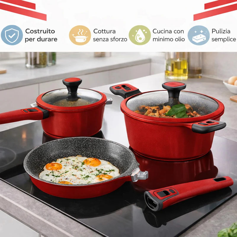 Set 24 Pezzi Batteria di Pentole Manici Removibili Rubino Suprem in Alluminio Pressofuso Rosso