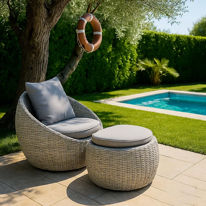 Pouf da Giardino Santorini 68x57x35 cm in Polyrattan Grigio