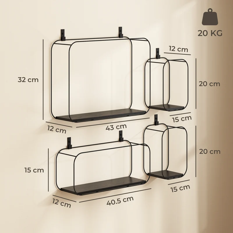 Set 4 Pezzi Mensole Flottanti Geometriche per Soggiorno in Metallo e MDF Nero