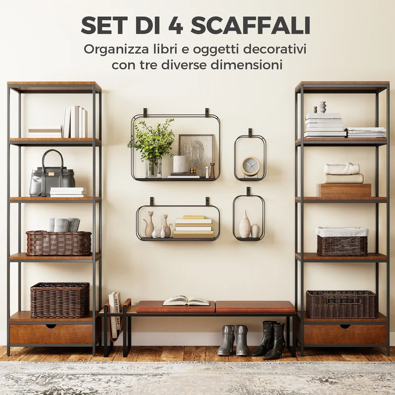 Set 4 Pezzi Mensole Flottanti Geometriche per Soggiorno in Metallo e MDF Nero