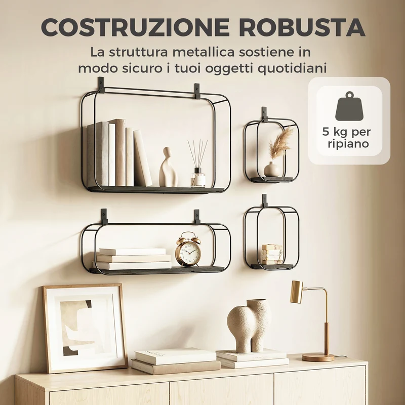 Set 4 Pezzi Mensole Flottanti Geometriche per Soggiorno in Metallo e MDF Nero