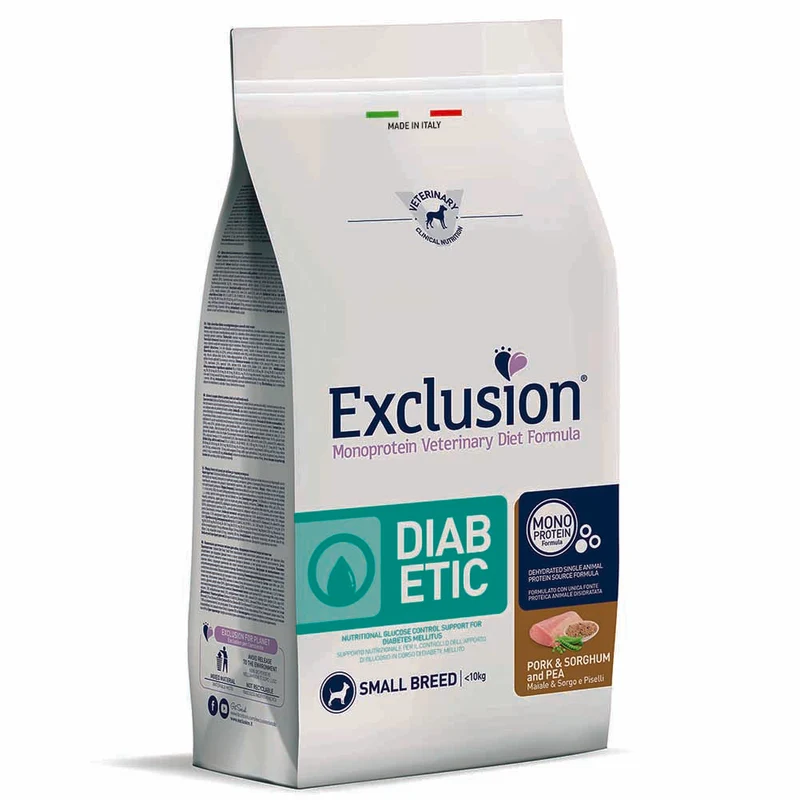 Exclusion Diabetic Maiale Sorgo e Piselli 2kg per Cani Adulti di Taglia Piccola