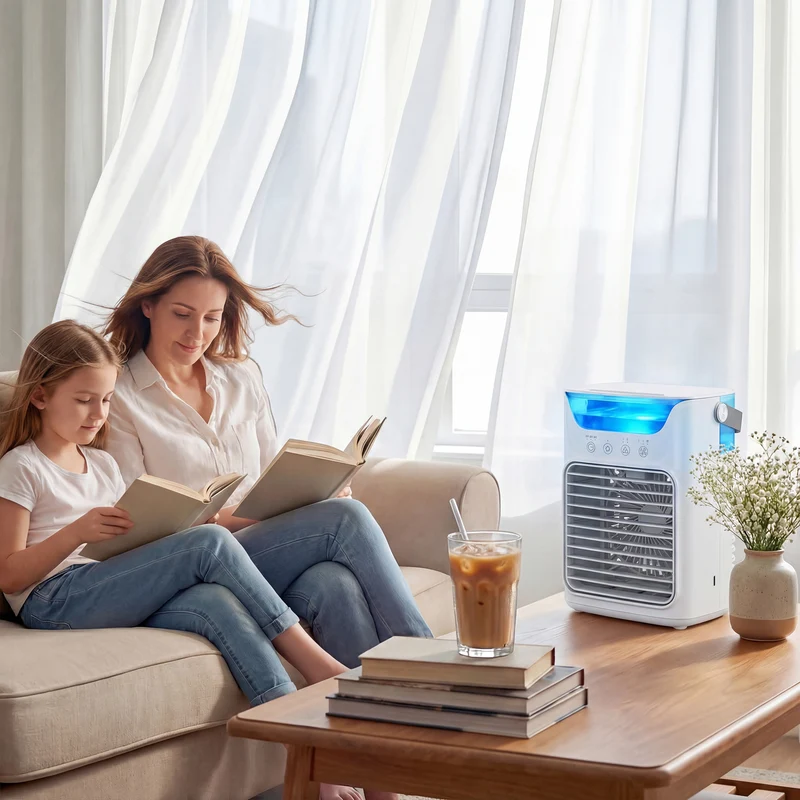 Ventilatore da Tavolo con 3 Velocità Luce RGB Funzione Nebulizzazione in ABS e PP Bianco