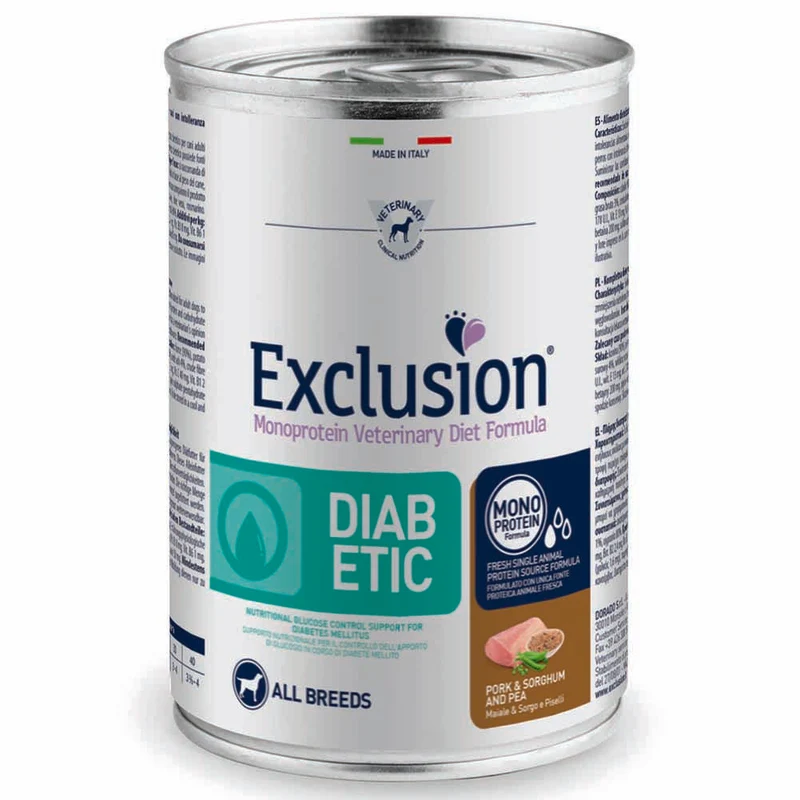 Exclusion Diabetic Maiale Sorgo e Piselli 400g per Cani Adulti