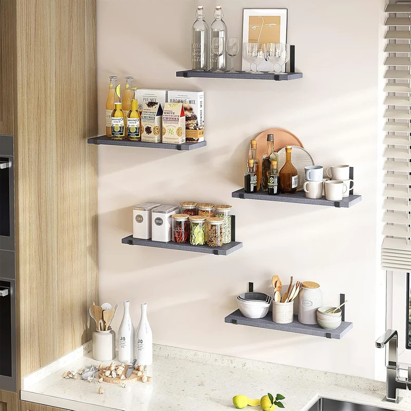 Set 5 Mensole da Parete 40x12x1,5 cm Scaffali da Muro con Staffe in Metallo Grigio