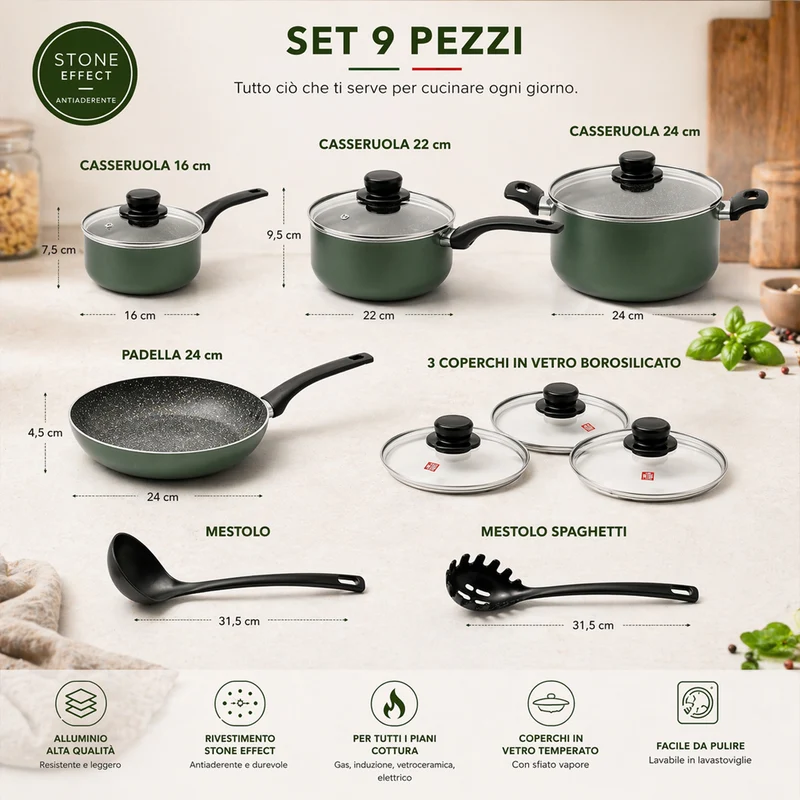 Batteria di Pentole 9 Pezzi Natura Più Antiaderente in Alluminio Pressofuso con Manici Cool Touch e Coperchi Verde