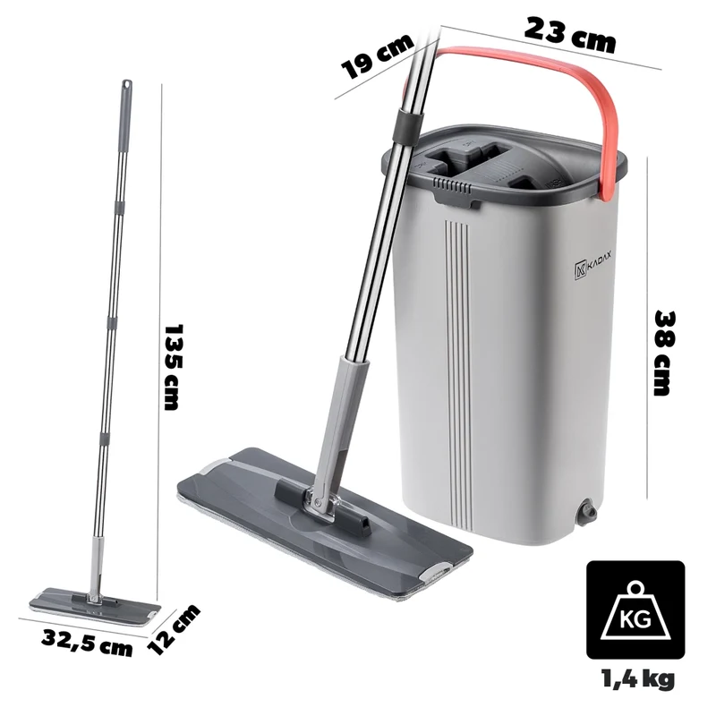 Mocio piatto KADAX con strizzatore, secchio a doppia camera da 6 litri con separazione dell'acqua + 2 inserti