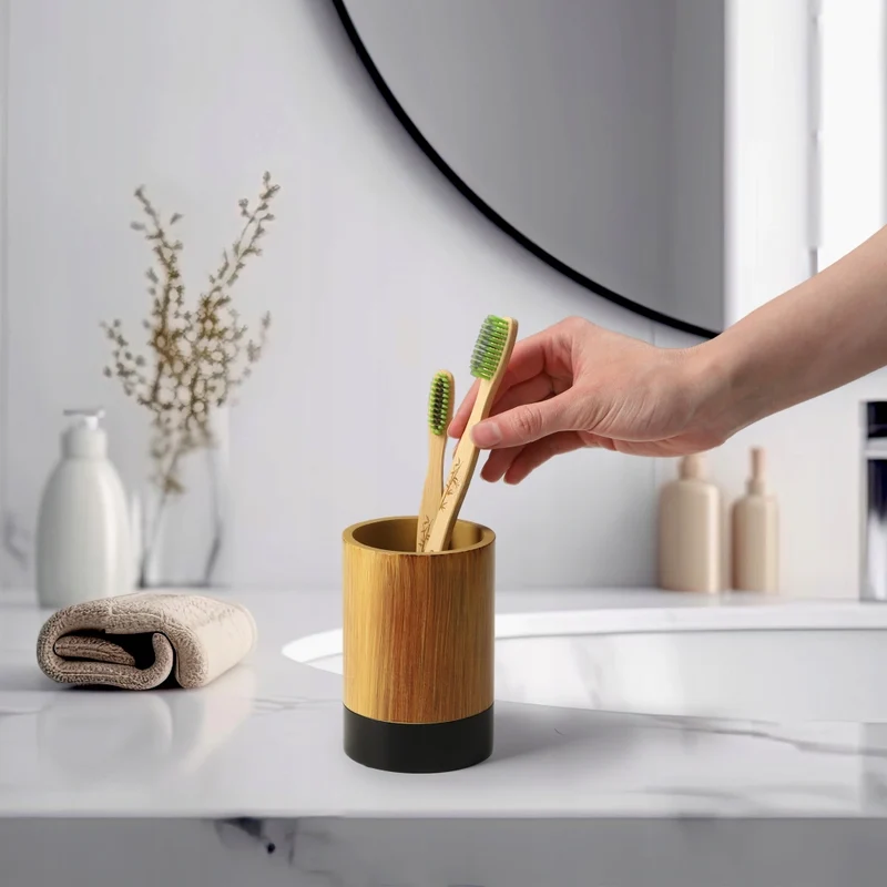Bicchiere da bagno KADAX per spazzolino e dentifricio, effetto legno