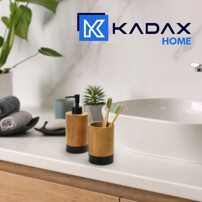 Set da bagno KADAX con dispenser di sapone per WC e bicchiere, colore marrone, set 2 in 1.