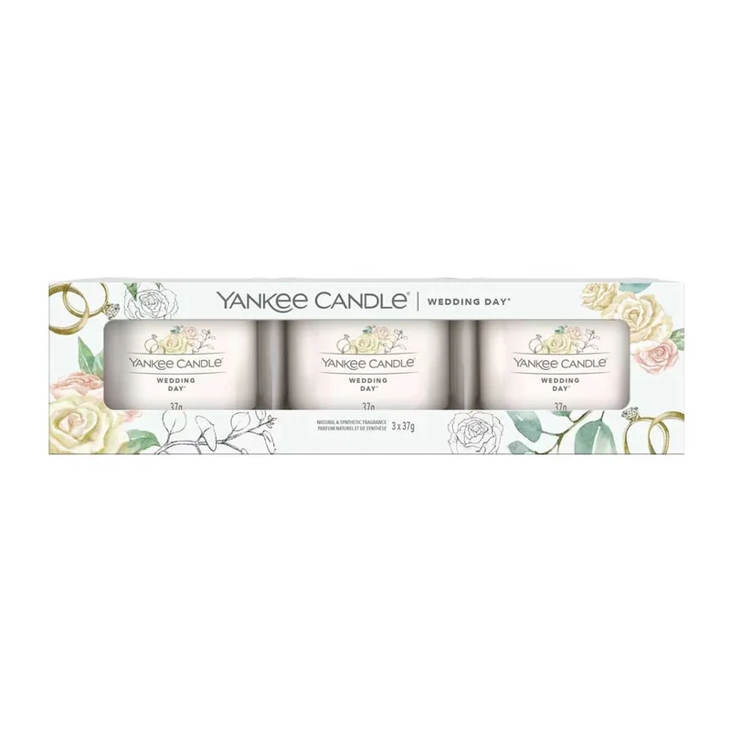 CONFEZIONE REGALO CON 3 CANDELE VOTIVE IN VETRO WEDDING DAY