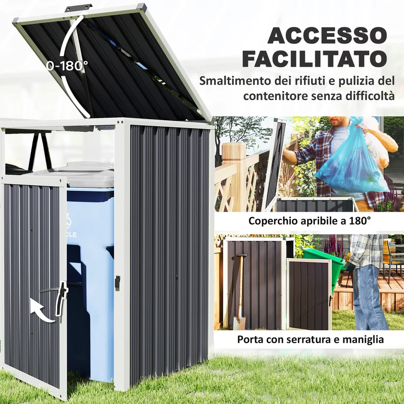 Copri Bidoni Spazzatura a 2 Sezioni 146x81x122 cm con Coperchio Sollevabile in Acciaio Zincato Grigio Scuro
