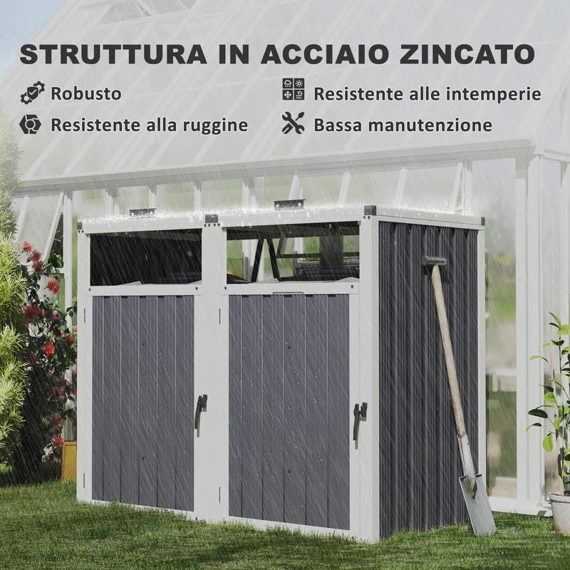 Copri Bidoni Spazzatura a 2 Sezioni 146x81x122 cm con Coperchio Sollevabile in Acciaio Zincato Grigio Scuro
