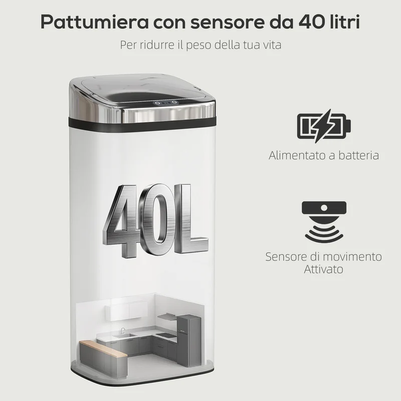 Bidone per Rifiuti da 40L con Sensore per Apertura e Chiusura Automatica 33x25x70 cm in ABS e Acciaio Inox Argento