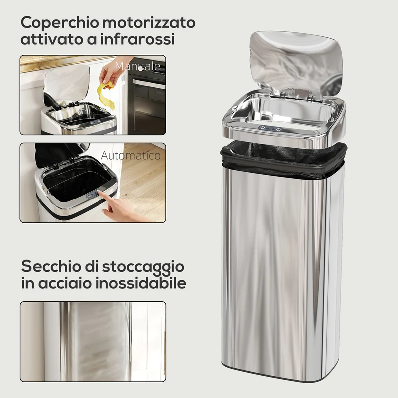 Bidone per Rifiuti da 40L con Sensore per Apertura e Chiusura Automatica 33x25x70 cm in ABS e Acciaio Inox Argento