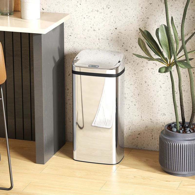Bidone per Rifiuti da 40L con Sensore per Apertura e Chiusura Automatica 33x25x70 cm in ABS e Acciaio Inox Argento