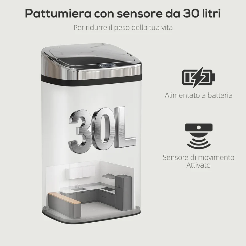 Bidone per Rifiuti da 30L con Sensore per Apertura e Chiusura Automatica 33x25x57,5 cm in ABS PP e Acciaio Argento