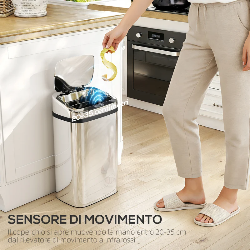 Bidone per Rifiuti da 30L con Sensore per Apertura e Chiusura Automatica 33x25x57,5 cm in ABS PP e Acciaio Argento