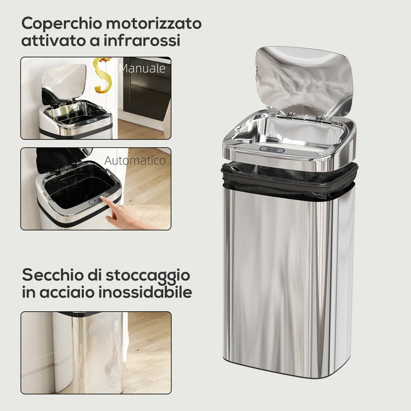 Bidone per Rifiuti da 30L con Sensore per Apertura e Chiusura Automatica 33x25x57,5 cm in ABS PP e Acciaio Argento