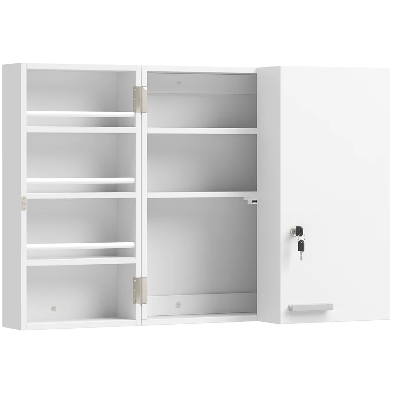 Armadietto Medicinali 53x20x53 cm con 3 Mensole Interne e 8 Portabottiglie in Legno e Metallo Bianco