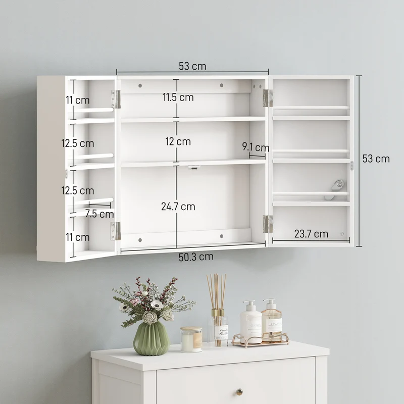 Armadietto Medicinali 53x20x53 cm con 3 Mensole Interne e 8 Portabottiglie in Legno e Metallo Bianco