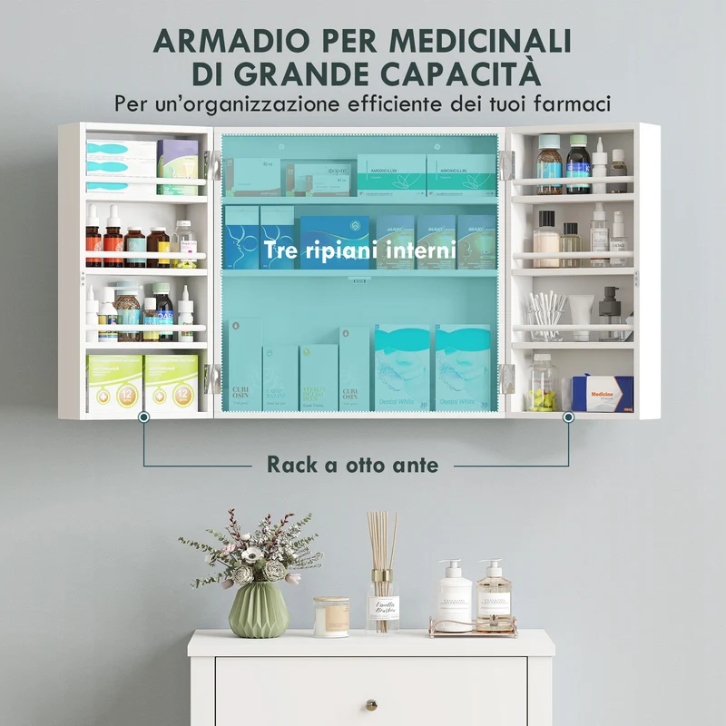 Armadietto Medicinali 53x20x53 cm con 3 Mensole Interne e 8 Portabottiglie in Legno e Metallo Bianco